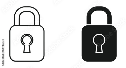 Security padlock icons set with outline and solid black versions representing data protection and privacy control. 