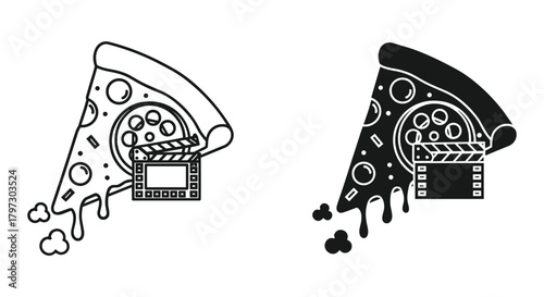 Pizza and film reel clapperboard icon, black and white outline and solid designs, movie night concept.