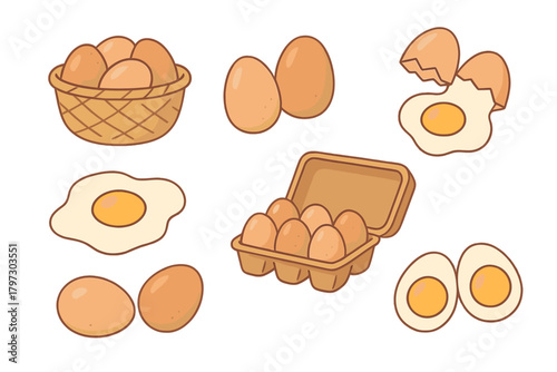 Set of chicken eggs showing various stages: whole, cracked, fried, and boiled