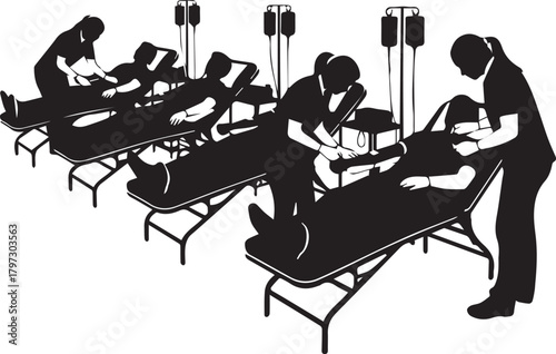 Medical team attends to patients on beds with iv drips in busy healthcare setting