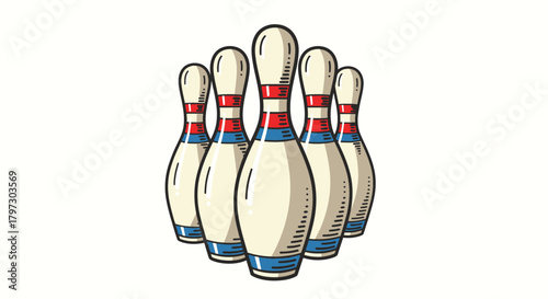 A colorful illustration depicts a set of classic bowling pins standing