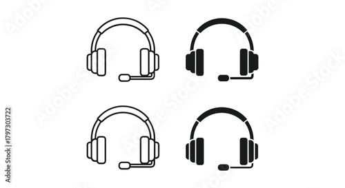 Headphones with microphone icon set illustrating customer service, support, and audio communication tools.