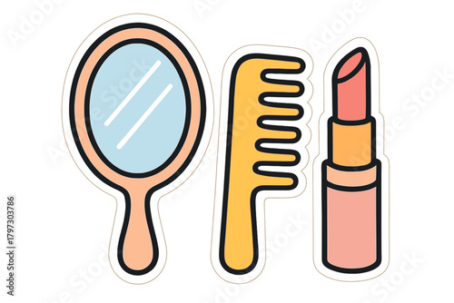 Essential beauty and personal care items including a hand mirror, hair comb, and lipstick