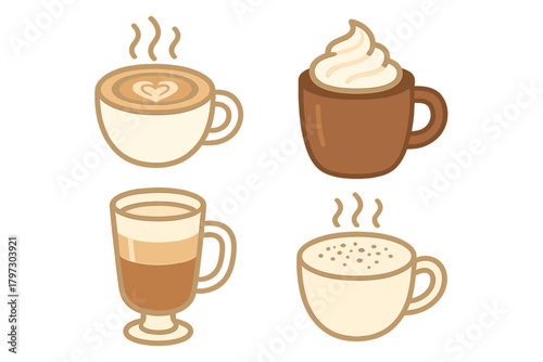Stylized set of four hot coffee and cocoa drinks in various mugs and glasses