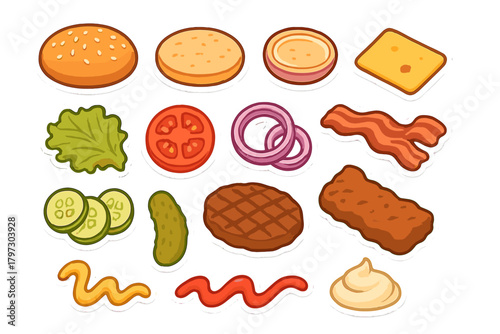 Isolated collection of burger ingredients: buns, patties, cheese, vegetables, and sauces