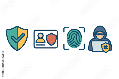 Digital security and identity protection symbols for verification, biometrics, and cyber threats