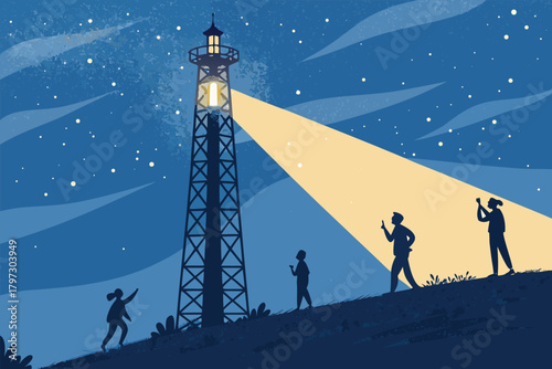 A dystopian cityscape featuring a towering smartphone broadcasting hypnotic light beams engulfing vulnerable, drained citizens.