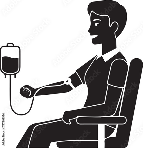 Silhouette of person giving blood donation sitting in chair with iv bag medical concept