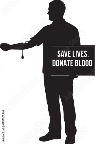 Silhouette of a person holding a sign encouraging blood donation to save lives