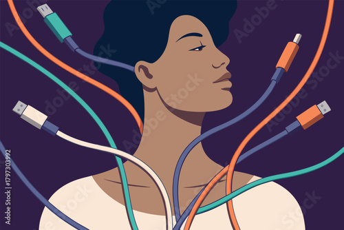 A person strangled by tangled smartphone charging cables, symbolizing digital overload and tech addiction.