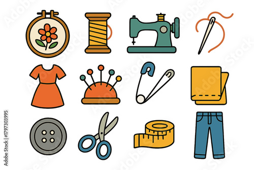 Vibrant collection of essential sewing and tailoring tools and equipment icons