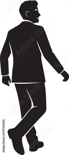 Silhouette of a businessman in a suit walking confidently away from the viewer towards the right side