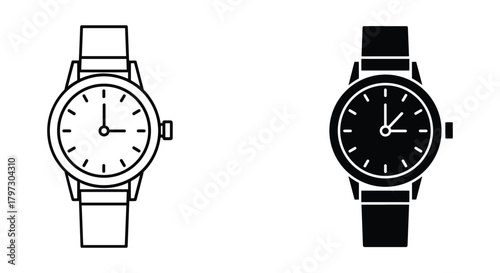 Outline and solid black icon design of a classic analog wristwatch, representing time management, punctuality, deadline, schedule