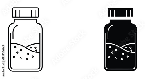Bottle with liquid and particles icon set. outline and glyph style pharmaceutical or chemical container illustration.