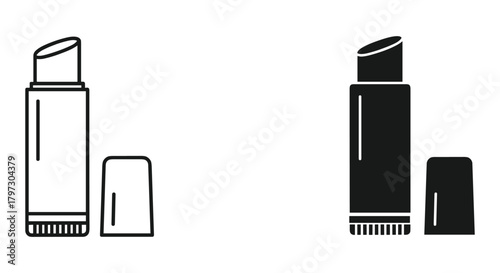Lipstick or lip balm container icon set, open tube with separate cap, outline and solid black versions, vector graphic