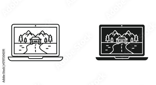 Laptop screen displaying car on a winding mountain road with trees, illustrating digital navigation and travel planning.