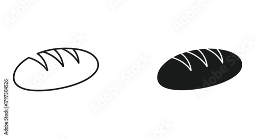 Minimalist bread loaf icon outline and filled version representing baked goods, nutrition, staple food items.