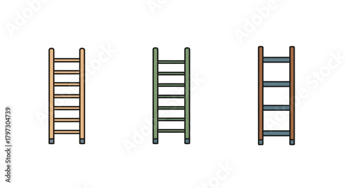 Three wooden ladders in various shades are neatly arranged side by side