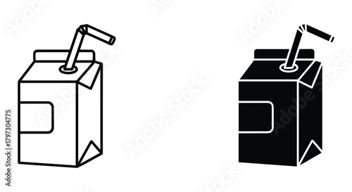 Juice box icon with straw, presenting outline and solid fill versions for beverage packaging design concept.