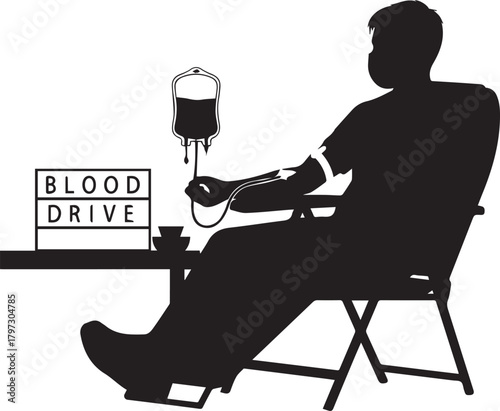 Silhouette of person giving blood at donation center with "blood drive" sign