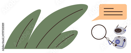 Robots analyzing green leaves with a magnifying glass, speech bubble. Ideal for science, research, AI, technology, botany, innovation, sustainabilitysimple flat metaphor