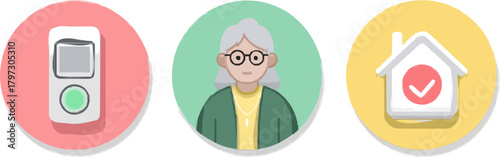 Elder Care: Iconic Vignette of Daily Life for Seniors, Modern Minimalist Flat Design