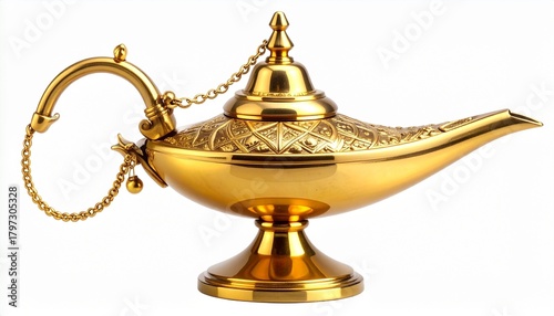 Golden genie lamp with ornate detailing and curved spout on white background, symbol of wishes and folklore.