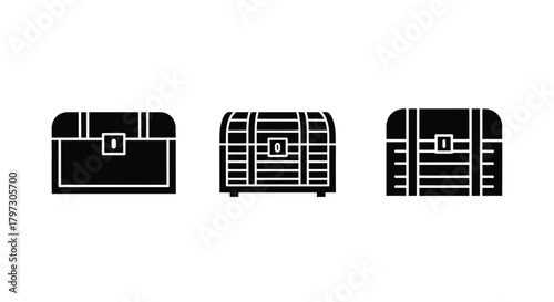 Simple black and white illustration of three different treasure chests