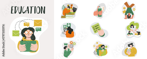 Education Concept art set, back to  school, hand drawn vector illustrations bundle.