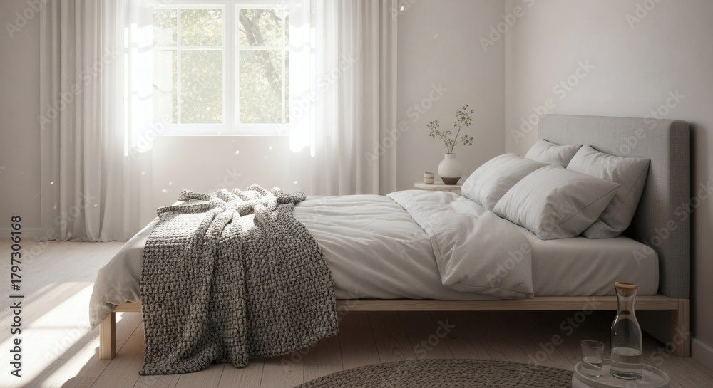 Fototapeta premium Relaxing Bedroom With Natural Light And Minimalist Design Elements