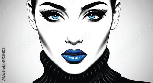 Striking beauty portrait of a woman with piercing blue eyes and bold makeup style on transparent background