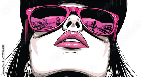 Stylish woman with pink sunglasses and a cap looking up in a trendy urban style on transparent background