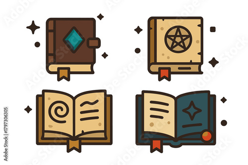 Set of four mystical spell books and ancient grimoires for occult concepts