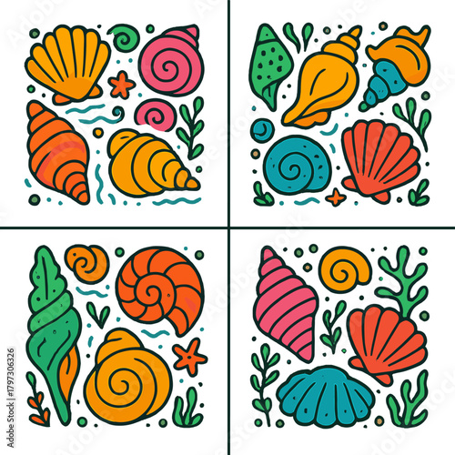 Brightly colored seashells and marine elements arranged in a decorative square pattern for summer design