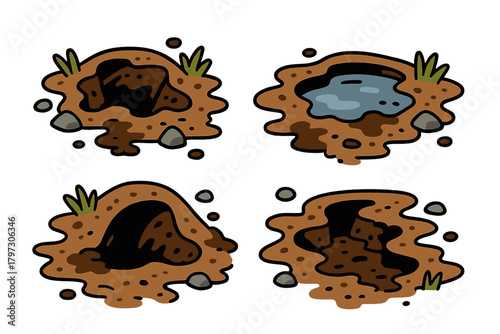 Set of four muddy holes in the ground depicting animal burrows, open pits, and a water puddle