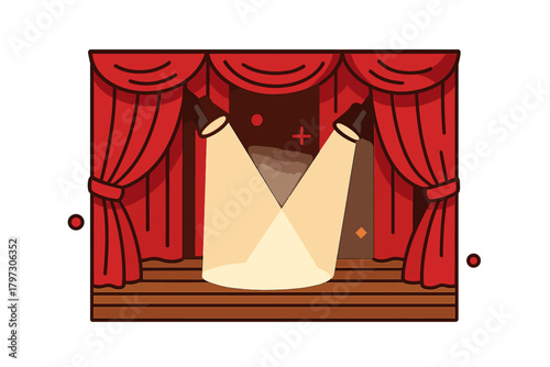 Empty theater stage framed by rich red velvet curtains and converging spotlights