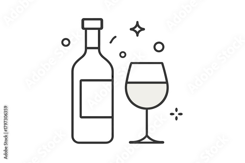 Minimalist outline of a wine bottle and stemmed glass with sparkling white wine