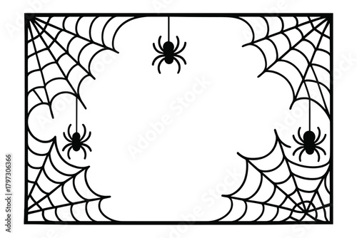 Spooky black spider web corners and hanging spiders border frame for Halloween