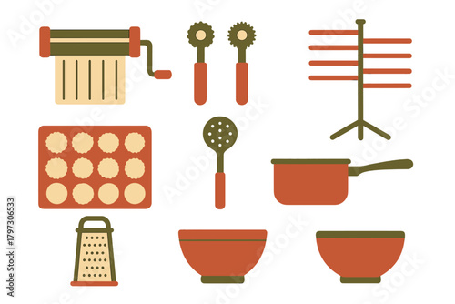 Home cooking and baking equipment set featuring pasta machine, drying rack, grater, bowls, and saucepan