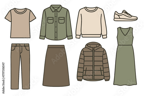 Muted color palette collection of essential casual clothing items and accessories for everyday wear