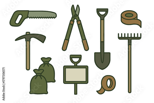 Set of essential gardening and construction tools including shovel, rake, saw, pickaxe, and shears