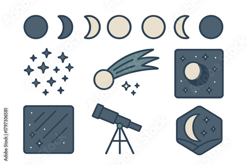 Collection of astronomy icons featuring moon phases, stars, comet, and telescope for observation