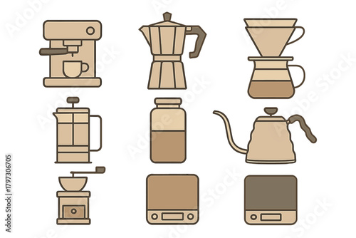 Neutral brown icons of coffee brewing tools and equipment for cafe design