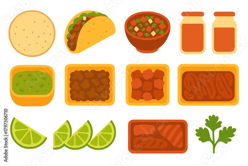 Collection of essential ingredients for preparing Mexican tacos and cuisine