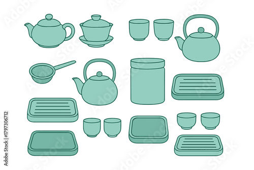 Set of traditional Asian tea ceremony utensils, teapots, cups, and serving ware collection