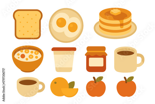Popular breakfast foods collection featuring pancakes, fried eggs, toast, cereal, fruit, and coffee