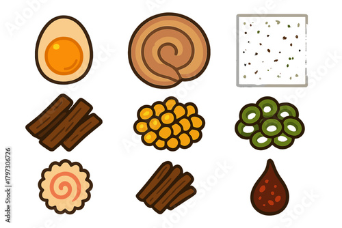 Delicious collection of Japanese ramen noodle soup ingredients and toppings