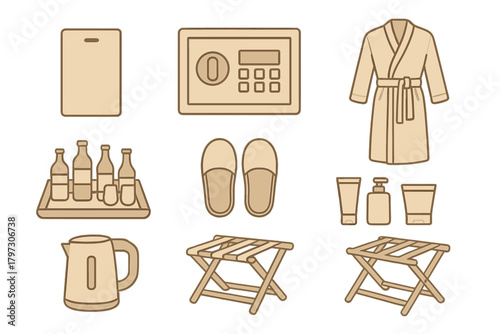 Hotel room amenities set featuring bathrobe, safe, slippers, minibar, and luggage rack