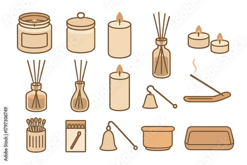 Home fragrance and relaxation objects set with burning candles, reed diffusers, and accessories