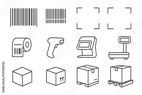 Retail, warehouse, and logistics symbols featuring barcodes, scanners, weighing scales, and shipping boxes